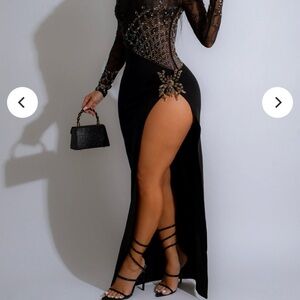 Elegant Black Evening Dress with Sheer Sleeves